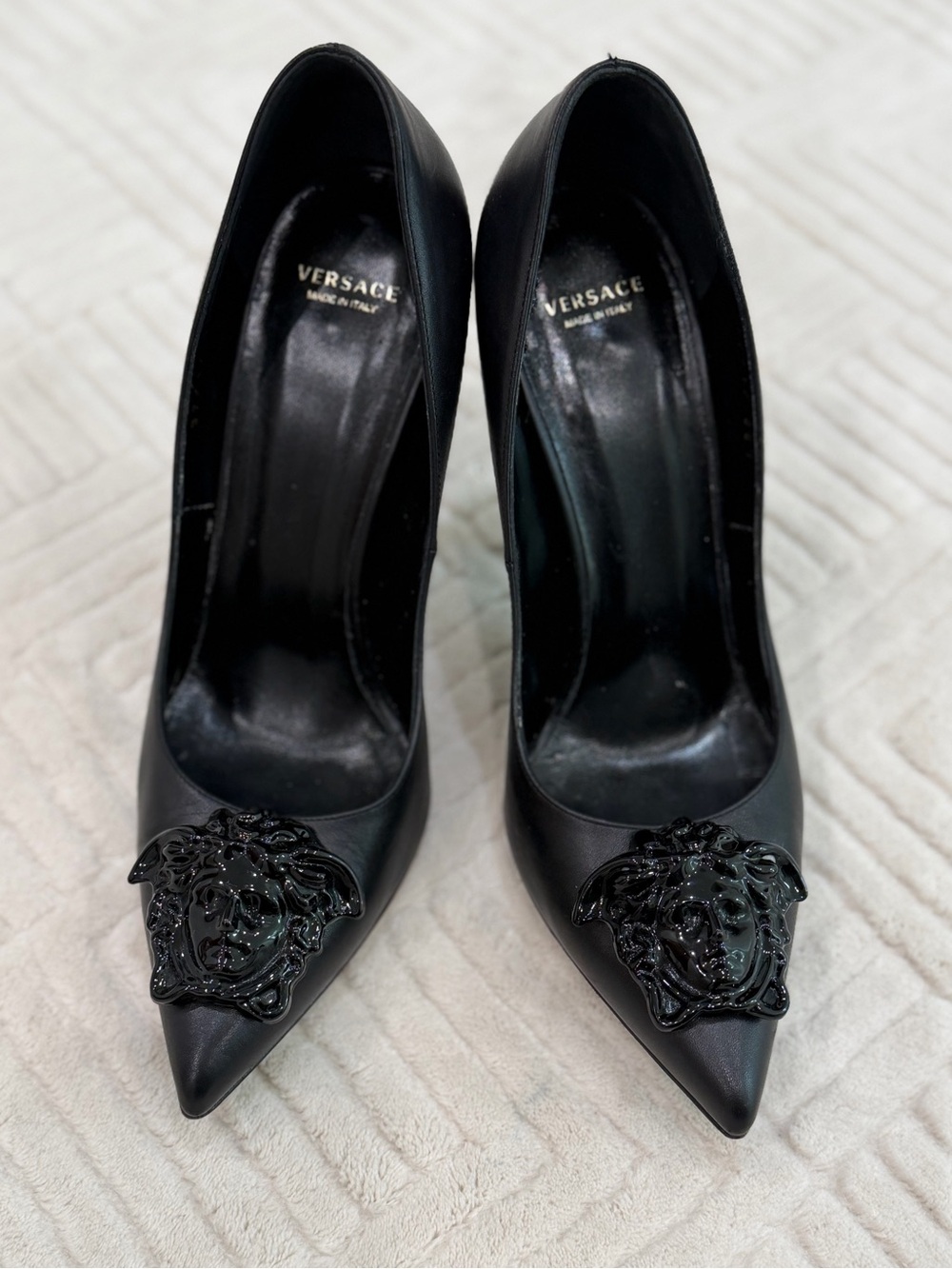 Versace Black Leather Pointed-Toe Pumps with Medusa Accent